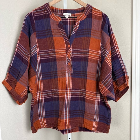Garnet Hill Organic Cotton Batwing Button Front Gauze Top Orange Purple Plaid 12 - Picture 2 of 8